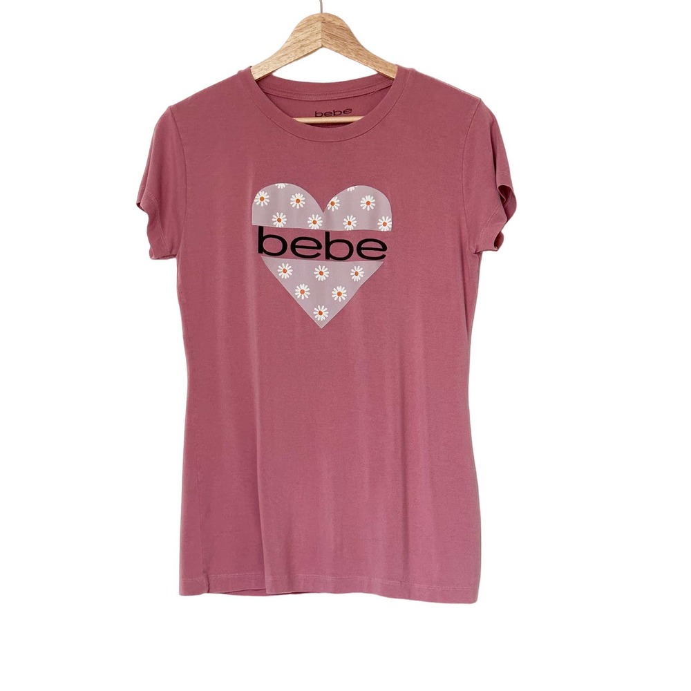 Bebe Pink Floral Heart Tee Short Sleeve T-Shirt Top Daisies — Size L